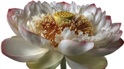 A blooming white flower with ruffled petals, hinting at pink edges, reveals its golden center of pollen-laden filaments. Isolated against a pure white background