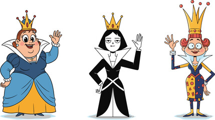 Cartoon Queens in Colorful Costumes, Funny Royal Characters Waving, Vector Illustration, Whimsical Royalty Concept for Fairytales and Stories