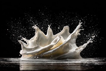 White liquid crown frozen mid-splash, captured against a dark background. Delicate splatters create a sense of movement and energy