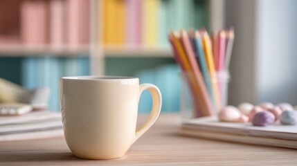 Cream mug sits on a wooden desk amid art supplies, with a pastel bookshelf in the background. Warm and inviting workspace scene