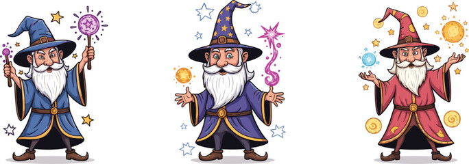 Cartoon wizard characters with magical powers, holding wands and orbs, fantasy illustration for games, books, or creative design.