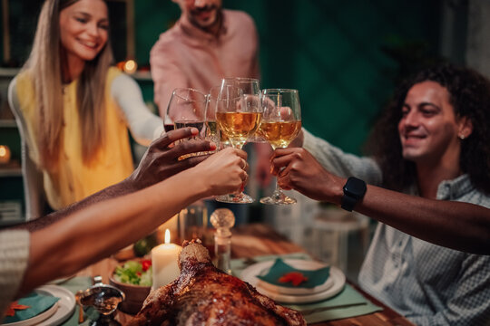 Friends toasting wine glasses celebrating thanksgiving dinner