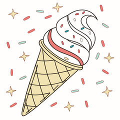 A delicious swirl of vanilla ice cream in a waffle cone adorned with colorful sprinkles and surrounded by festive stars