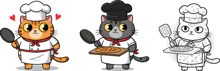 Cute Cartoon Chef Cats Making Pizza, Adorable Feline Characters in Kitchen Outfits, Holding Cooking Utensils, Fun Food Vector Illustration