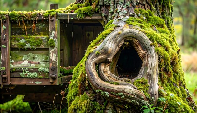 Moss-covered tree trunk with weathered wooden structure