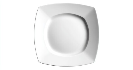 A clean, stark image of a square white plate with rounded edges, set against a white background. It has a circular depression in the center