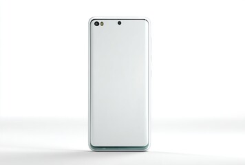 Isolated white phone with a clean, modern design. The screen is blank, and the device is set against a plain white background