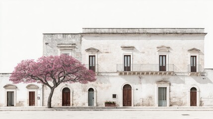 Aged building with dark doors, rustic details and a pink tree in front on a bright day