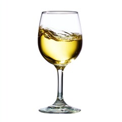 A clear wine glass holds a light golden liquid, swirling gently within the bowl, set against a stark white background, creating a clean, simple aesthetic