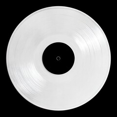 A shiny, light silver vinyl record is isolated against a solid black background. Its smooth surface catches the light, accentuating its concentric grooves