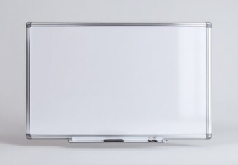 A rectangular whiteboard with a metallic frame and a pen ledge is presented against a muted gray backdrop