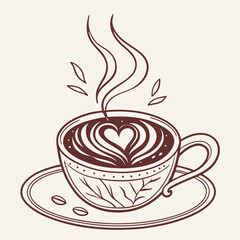 Artistic line drawing of a steaming cup of coffee with latte art heart design and decorative leaf pattern on saucer