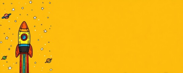 Hand-drawn cartoon style rocket ship takes off amongst stars and planets over a plain golden background