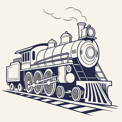 Classic steam locomotive with billowing smoke traveling on train tracks in a vintage illustration style