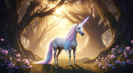 A majestic unicorn stands amidst a sunlit, mystical forest, its iridescent mane and tail shimmering with ethereal light.