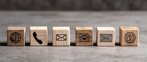 Six wooden cubes, each imprinted with a contact icon?globe, phone, and four envelope variations?arranged in a row on a textured gray surface