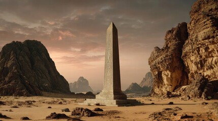 A tall, slender obelisk stands in a desolate desert landscape, surrounded by towering rock formations under a sunset-tinged sky