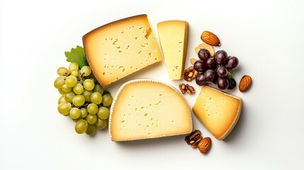 Assorted cheese blocks with green and red grapes and mixed nuts on a white background, close-up, high resolution, culinary food presentation