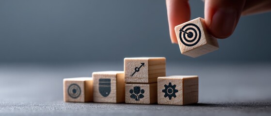 A hand places a target cube on top of a small pyramid of cubes with symbols on them, set against a blurred gray background