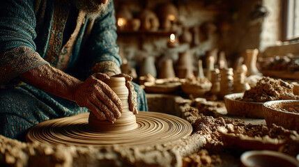 Person crafting a pottery piece on a spinning wheel in a rustic, ambient workshop filled with clay and handmade ceramics.