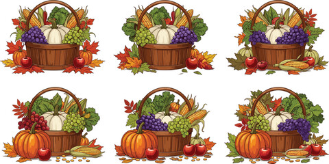 Autumn harvest basket set, colorful fall-themed illustrations with pumpkins, grapes, apples, corn, and leaves for seasonal, food, and Thanksgiving designsAutumn harvest basket set, colorful fall-theme