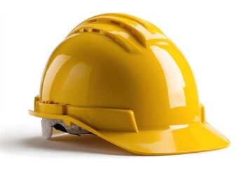 A bright yellow hard hat sits against a white background. The protective headgear features ridges and a brim with a grey adjustable strap visible