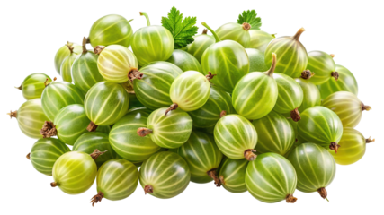 A bountiful pile of fresh green gooseberries with subtle stripes isolated on transparent background