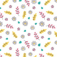 Seamless background gender neutral baby floral pattern. Simple whimsical minimal earthy 2 tone color. Kids nursery wallpaper or boho fashion all over print.
