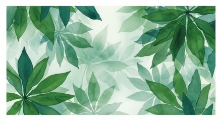 A lush display of watercolor-style leaves in varying shades of green, creating a peaceful and tranquil scene.