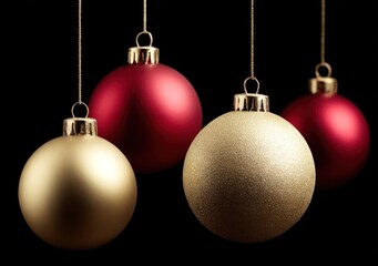 Four Christmas ornaments, two gold and two red, hang against a black background, illuminated to create a festive and elegant holiday scene