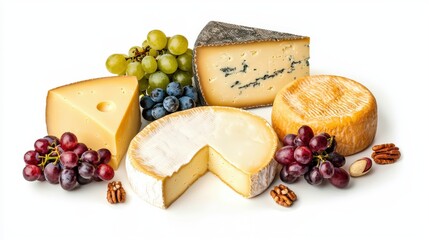 Assortment of fresh gourmet cheeses including blue cheese, brie, gouda, and cheddar with green, red, and purple grapes and pecans on a clean white background