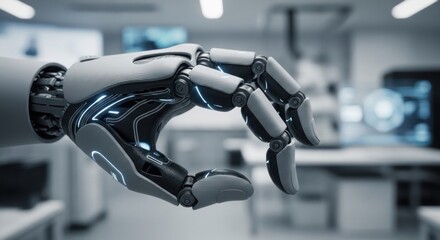A close-up view of a robotic hand, showcasing intricate mechanical details and bright accent lighting, within a modern, sterile laboratory setting.