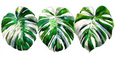 Three vibrant monstera leaves display a mix of deep green and creamy white, showcasing intricate patterns and a tropical vibe against a white backdrop