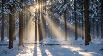 Sunlight streams through a snow-covered forest, illuminating the tall, dark trees with ethereal beams of light.