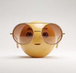 A yellow sphere resembles a face, accessorized with elegant, round sunglasses against a clean, bright backdrop