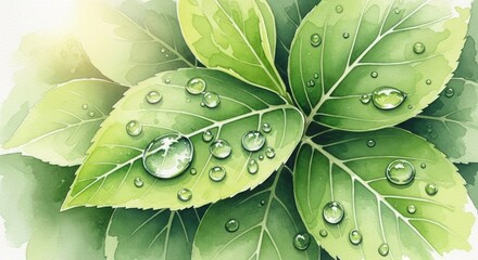 Delicate green leaves, adorned with glistening water droplets, create a vibrant and fresh visual.