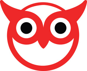 Obraz premium Red and black stylized owl face with large eyes and a wide smile on a white background head big eyes