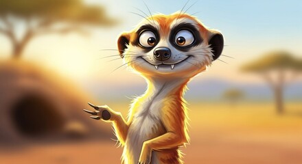 A cheerful meerkat, characterized by expressive eyes and a playful grin, stands amidst a sunlit savanna landscape, showcasing digital illustration's vibrant hues and whimsical style.