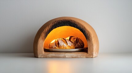 Traditional outdoor wood fired pizza oven made of clay with glowing fire inside baking freshly baked bread and pizza cuisine cooking in rustic setting