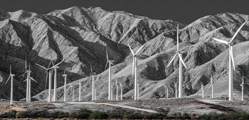 Fototapeta premium Stark monochrome image of wind turbines standing before a stark, craggy mountain range under a gray sky, set on a low hillside