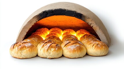 Freshly baked bread rolls emerging from a traditional clay oven with glowing interior heat and rustic appearance, perfect for bakery and baking themes