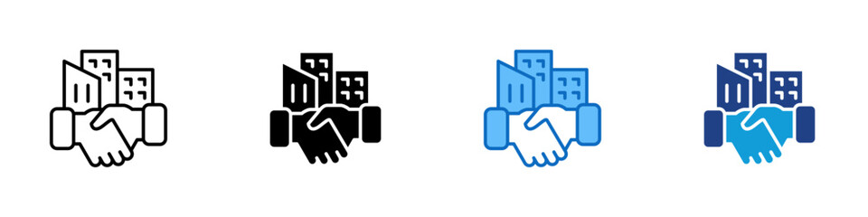 Corporate Agreement Multiple Style Icon Design Vector - Handshake in front of buildings, representing business partnership, partnership, and cooperation
