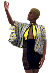 3D illustration of dark skinned woman with short yellow hair in a modern outfit featuring a cutout dress and multicolored faux fur cape. Bold and trendy cyber inspired style.