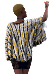3D illustration of dark skinned woman with short yellow hair in a modern outfit featuring a cutout dress and multicolored faux fur cape. Bold and trendy cyber inspired style.