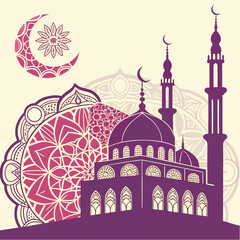 Islamic mosque silhouette with crescent moon and intricate mandala designs in purple and pink hues
