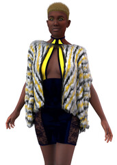 3D illustration of dark skinned woman with short yellow hair in a modern outfit featuring a cutout dress and multicolored faux fur cape. Bold and trendy cyber inspired style.