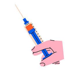 Hand drawn cute illustration of hand holding plastic syringe with medicine. Flat vector doctors arm with injection doodle. Health care treatment sticker, icon. Hospital vaccination. Isolated.