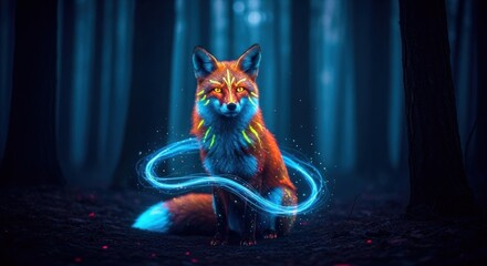 A luminous fox, with vibrant neon colors, sits in a dark forest, surrounded by ethereal light effects.