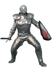 Highly detailed 3D illustration of a medieval knight in full silver armor, holding a sword and a red and silver heraldic shield. Perfect for fantasy, history, and battle themed visuals.