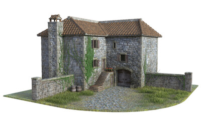 Detailed 3D illustration of a charming medieval stone cottage featuring ivy covered walls, wooden window shutters, a tiled roof, and a cobblestone pathway, evoking historical ambiance.